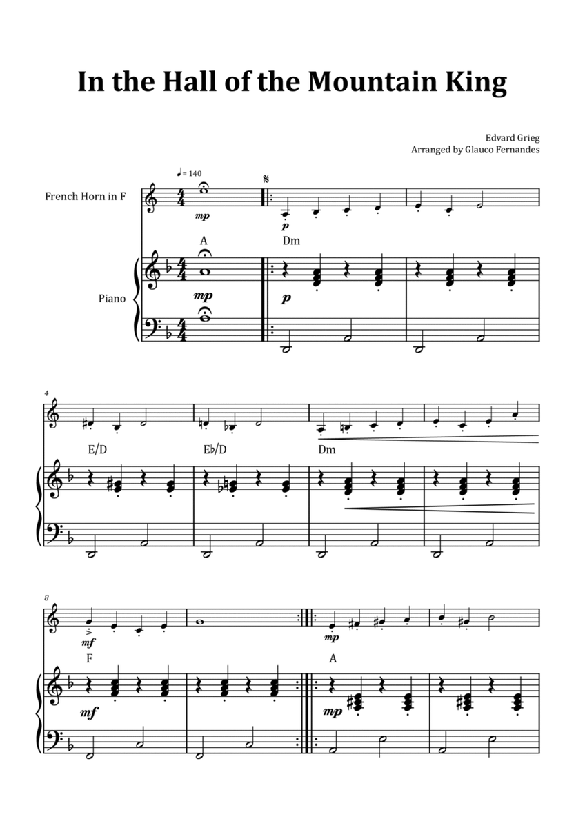 In the Hall of the Mountain King - French Horn & Piano with Chord Notation image number null
