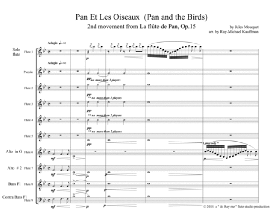 Pan Et Les Oiseaux ( Pan and the Birds ) for Flute solo with flute choir / ensemble by Jules Mouqu Flute Choir scores gallery preview page 2