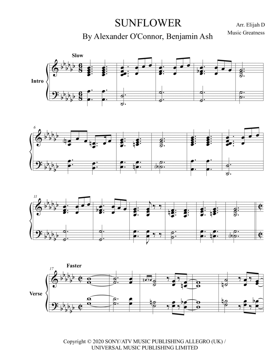 Sunflower Sunflower Piano Solo scores gallery preview page 1