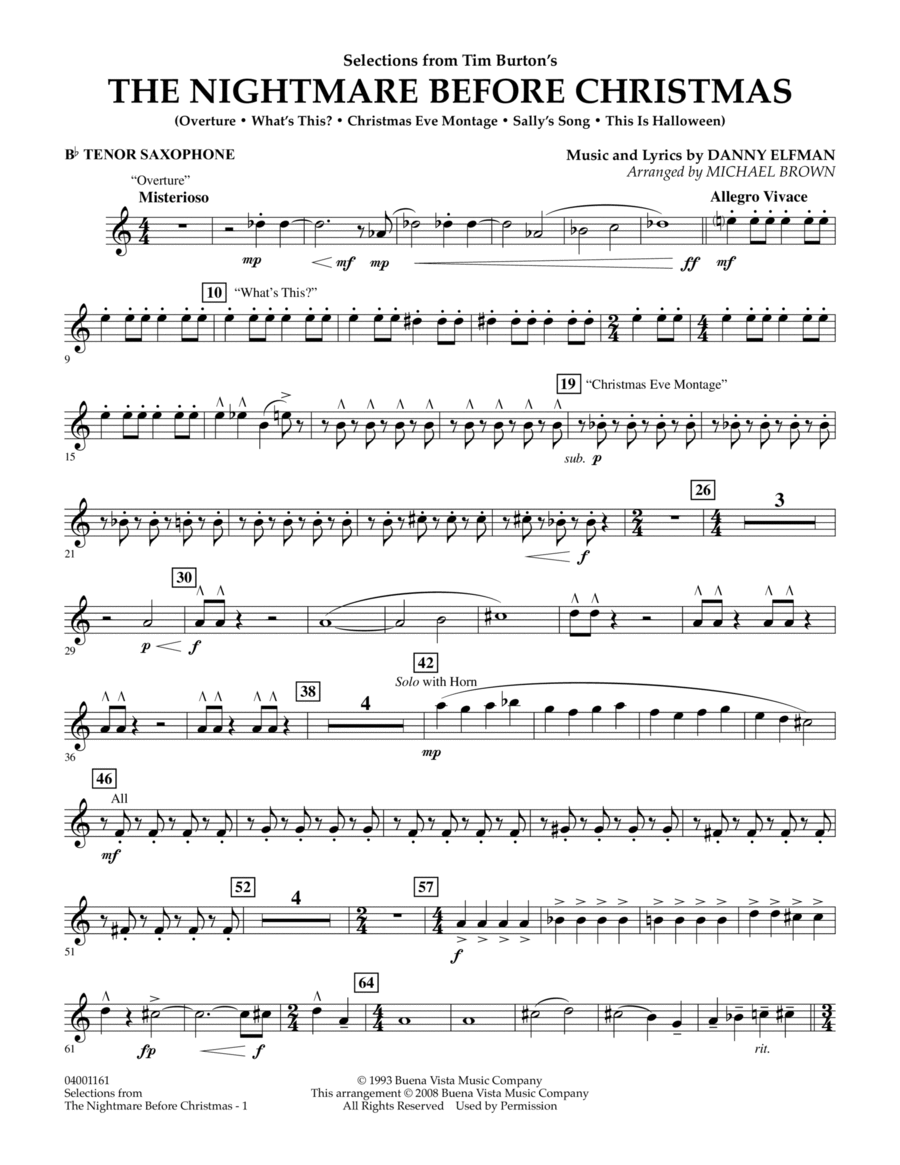 Selections from The Nightmare Before Christmas - Bb Tenor Saxophone Concert Band scores gallery preview page 1
