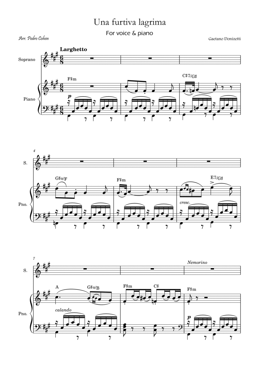 Una Furtiva Lagrima (Soprano in F#m) Piano, Vocal, Guitar scores gallery preview page 1