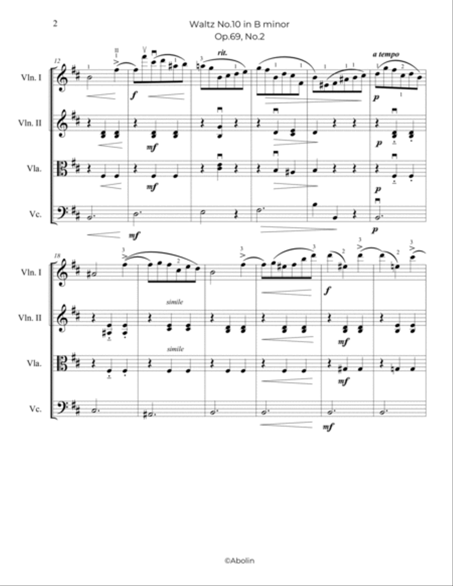 Chopin: Waltz No.10, Op.69, No.2 - String Quartet String Quartet scores gallery preview page 3