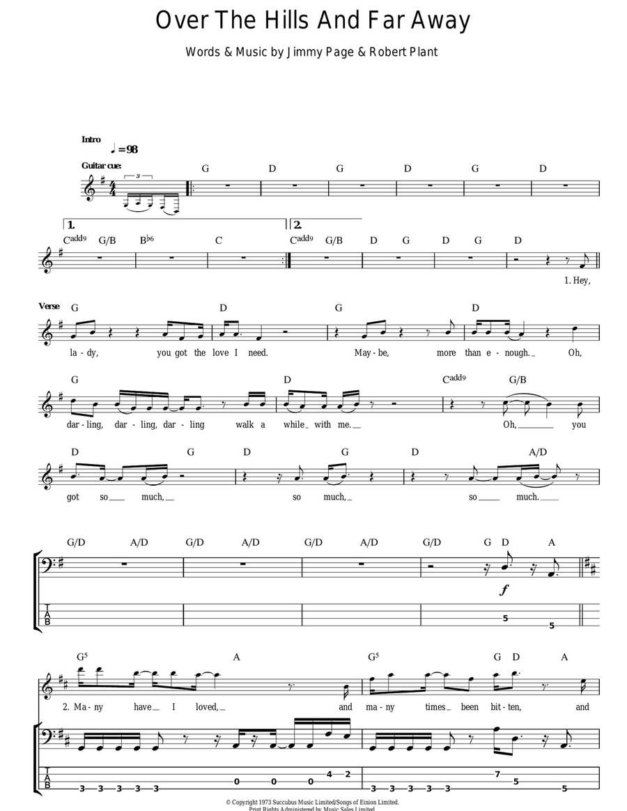 Over The Hills And Far Away Bass Guitar Tablature scores gallery preview page 1