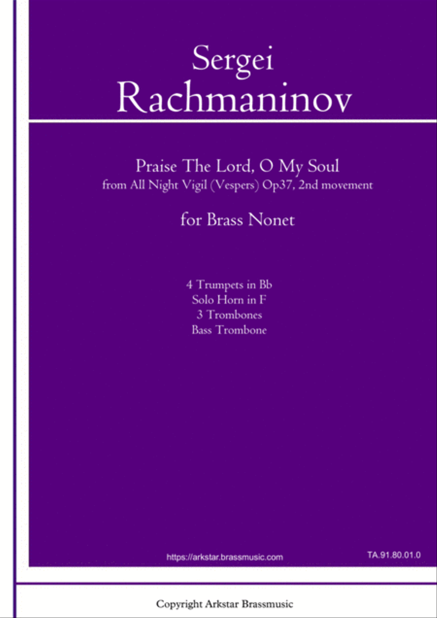 Rachmaninov:Praise The Lord, O My Soul For Brass Nonet, from All Night Vigil (Vespers) 2nd movement Brass Ensemble scores gallery preview page 1