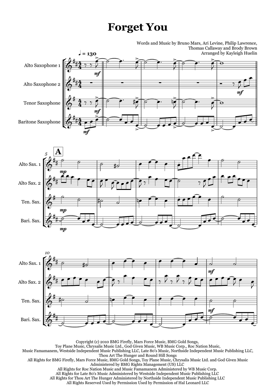 Forget You Saxophone Quartet scores gallery preview page 1