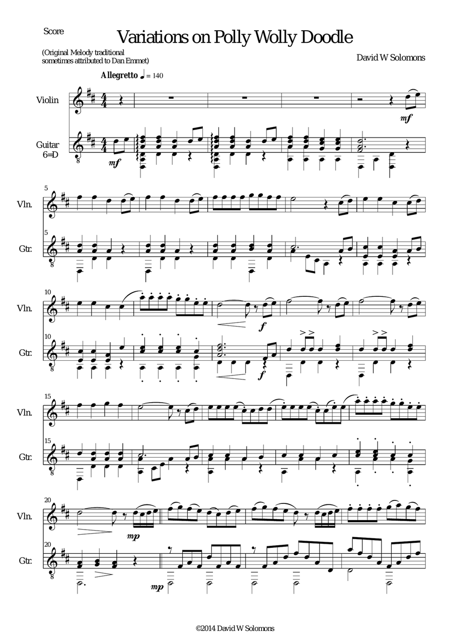 Variations on Polly Wolly Doodle for violin and guitar String Duet scores gallery preview page 1