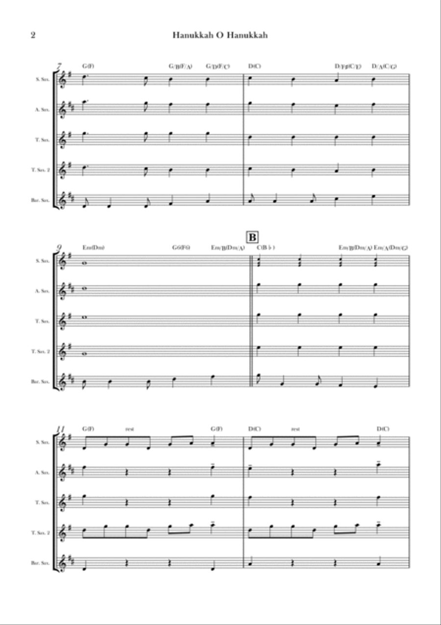 Hanukkah O Hanukkah Saxophone Quintet scores gallery preview page 2