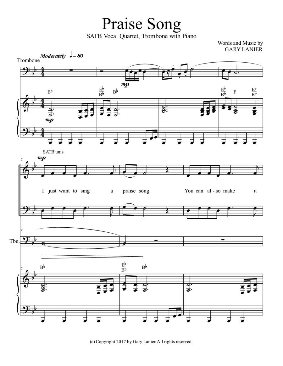PRAISE SONG (SATB Vocal Quartet with Trombone & Piano) 4-Part scores gallery preview page 2