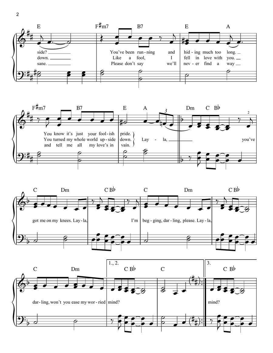 Layla by Derek And The Dominoes Easy Piano - Digital Sheet Music page 2