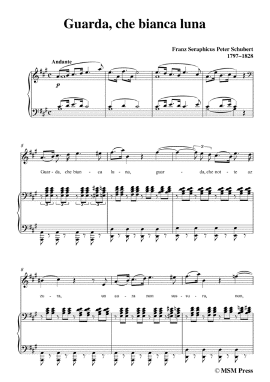 Schubert-Guarda,che bianca luna,in A Major,for Voice&Piano Voice scores gallery preview page 3