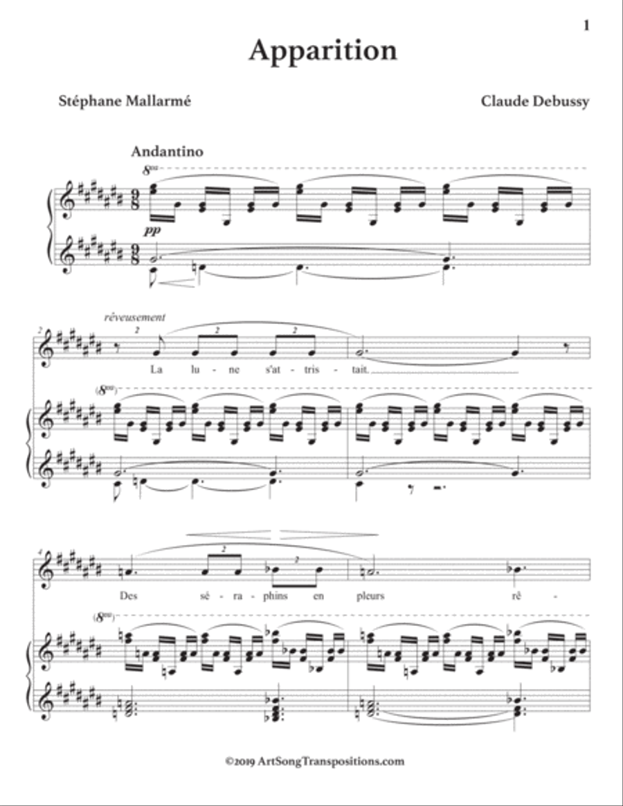 DEBUSSY: Apparition (transposed to C-sharp major) Voice scores gallery preview page 2