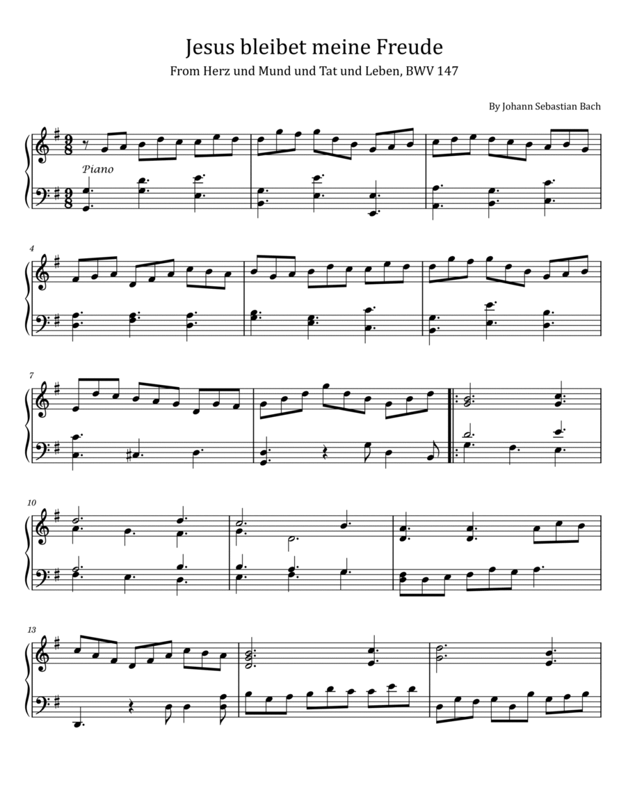 Bach Jesus bleibet meine Freude - BWV 147 - Original For Piano Solo image number null