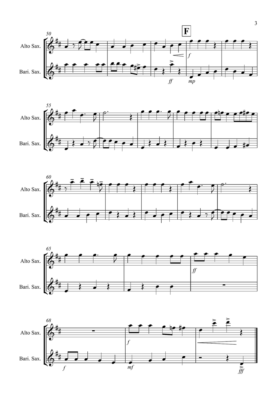 Jingle Bells (Jazzy Style!) for Alto and Baritone Saxophone Duet Woodwind Duet scores gallery preview page 3