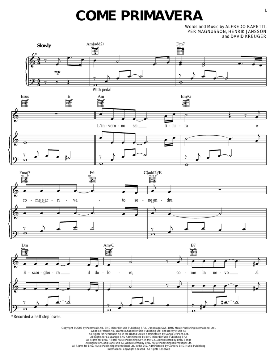 Come Primavera Piano, Vocal, Guitar scores gallery preview page 1