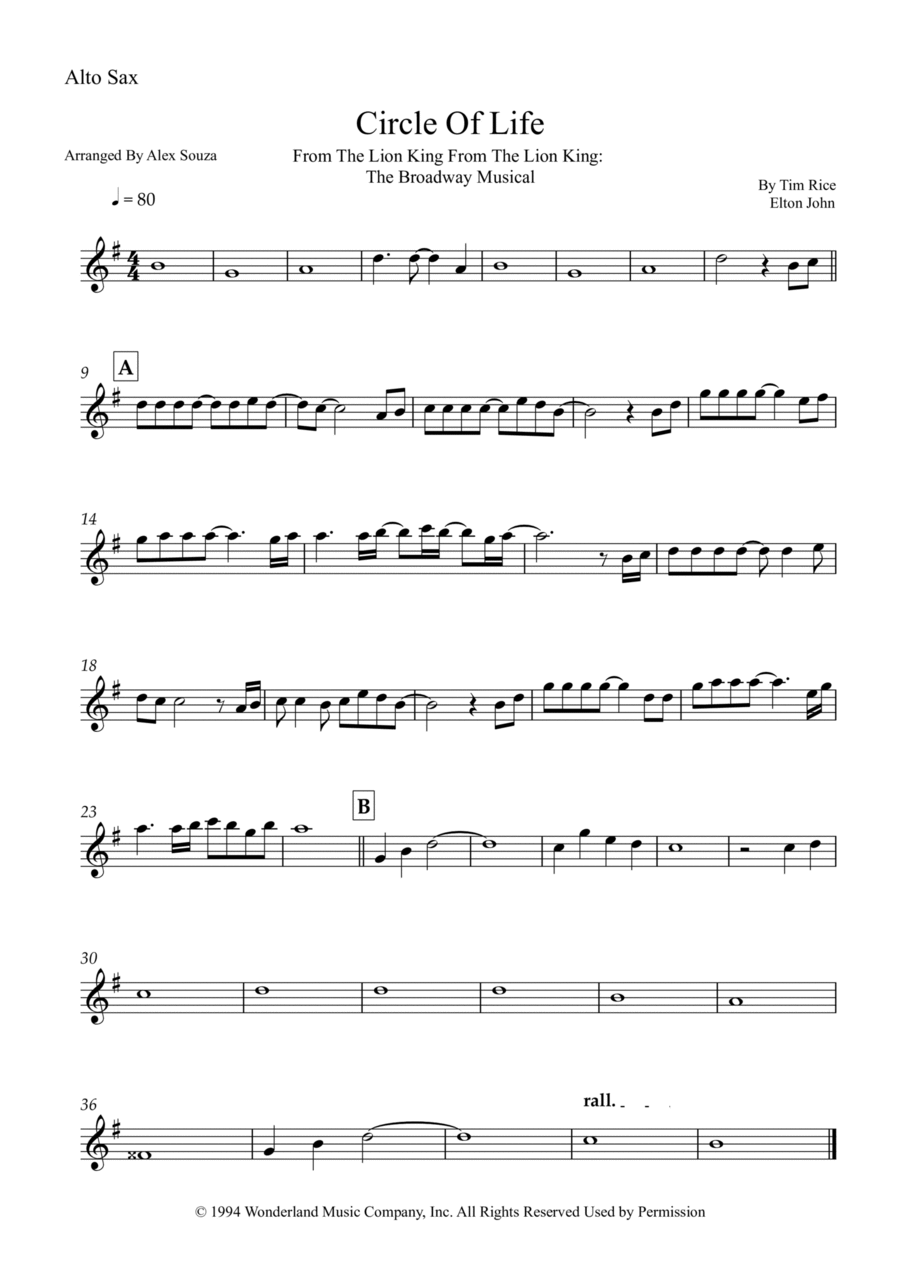 Circle Of Life Alto Saxophone scores gallery preview page 1