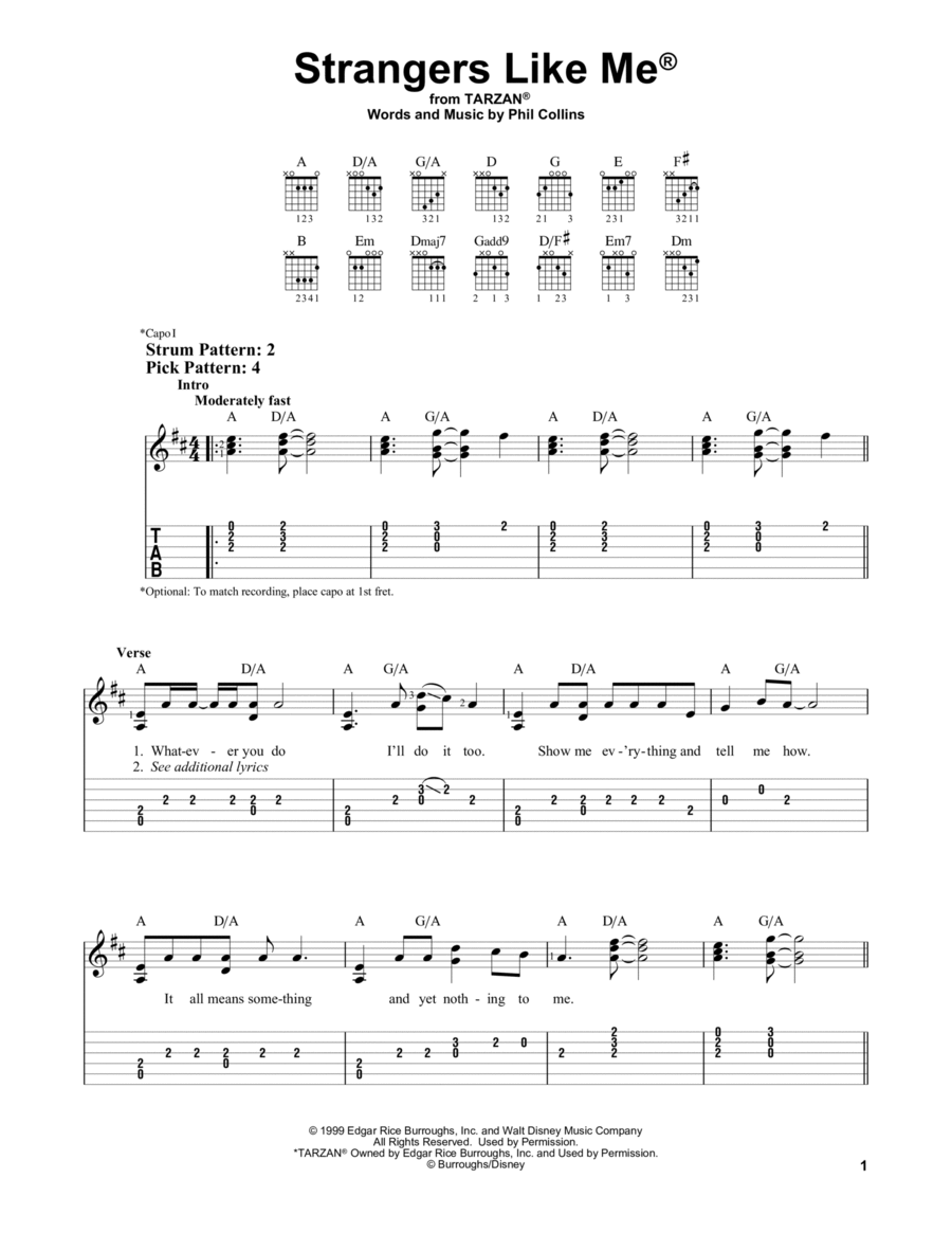 Strangers Like Me (from Tarzan) Guitar Tablature scores gallery preview page 1