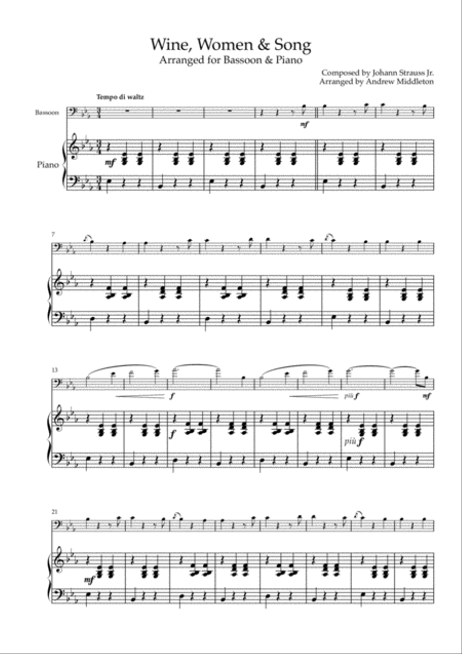 Wine, Women and Song arranged for Bassoon and Piano Bassoon Solo scores gallery preview page 3