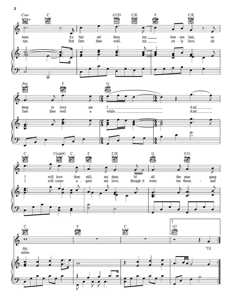 My Love Is Like A Red Red Rose Piano, Vocal, Guitar scores gallery preview page 2