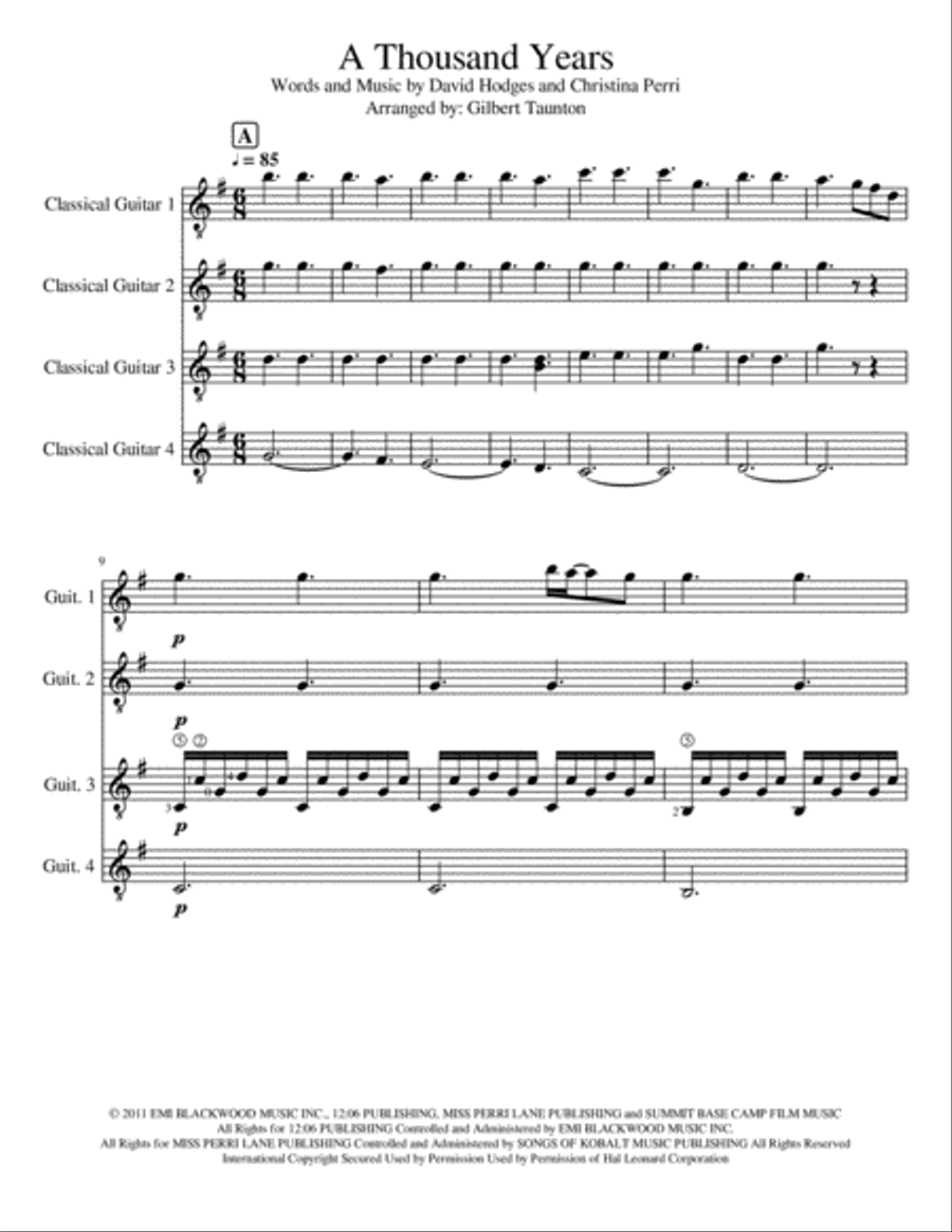 A Thousand Years Guitar Ensemble scores gallery preview page 1