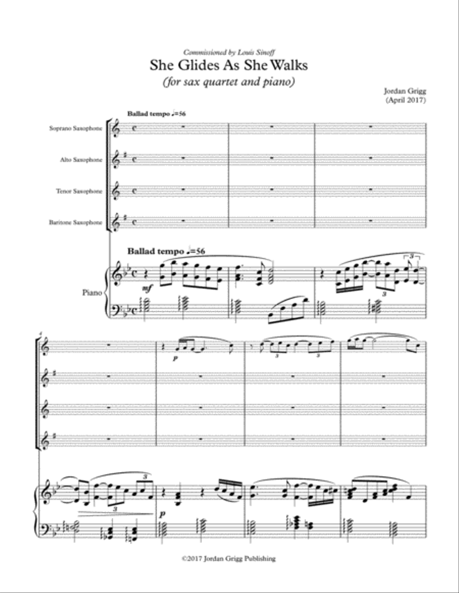 She Glides As She Walks (for sax quartet and piano) Small Ensemble scores gallery preview page 1