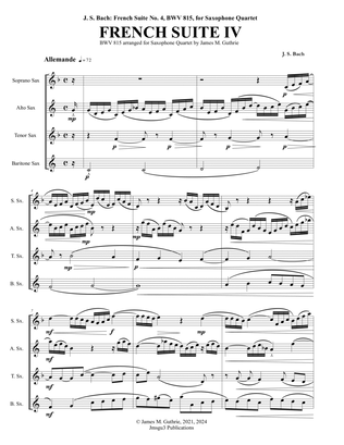Book cover for Bach: French Suite No. 4, BWV 815, for Saxophone Quartet