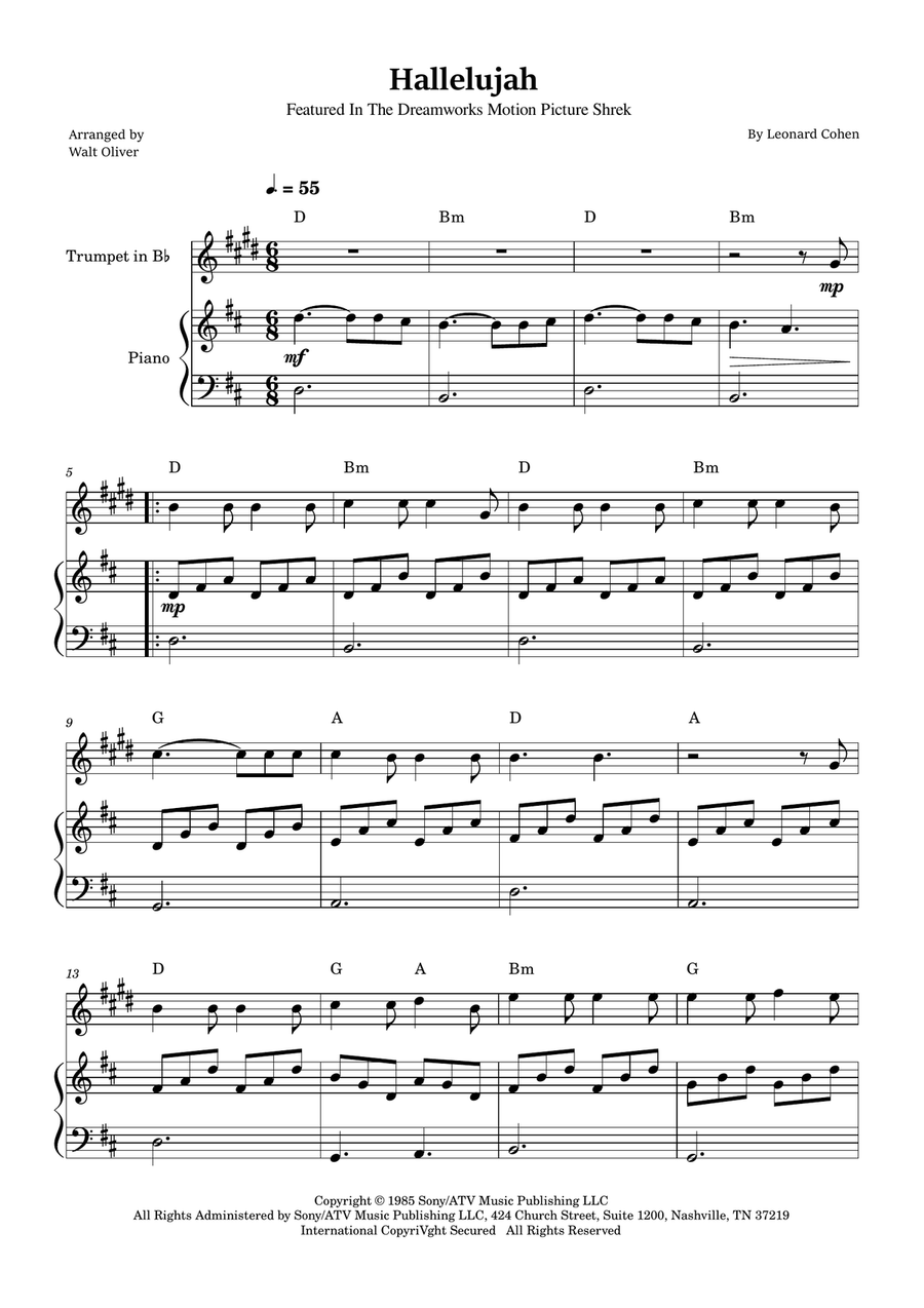 Hallelujah B-Flat Trumpet scores gallery preview page 1
