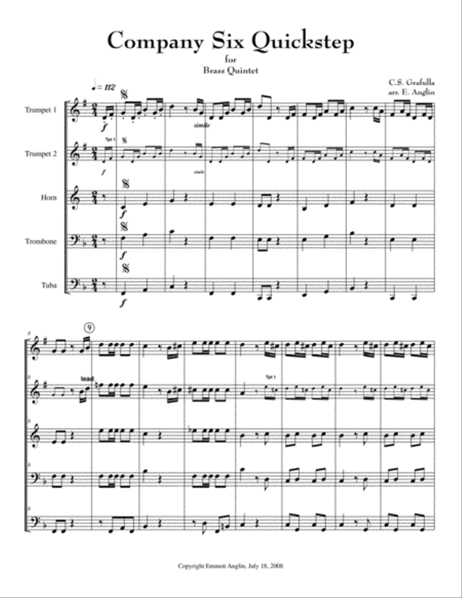 Company 6 Quickstep by C.S. Grafulla - Brass Quintet from the Civil War Brass Quintet scores gallery preview page 2
