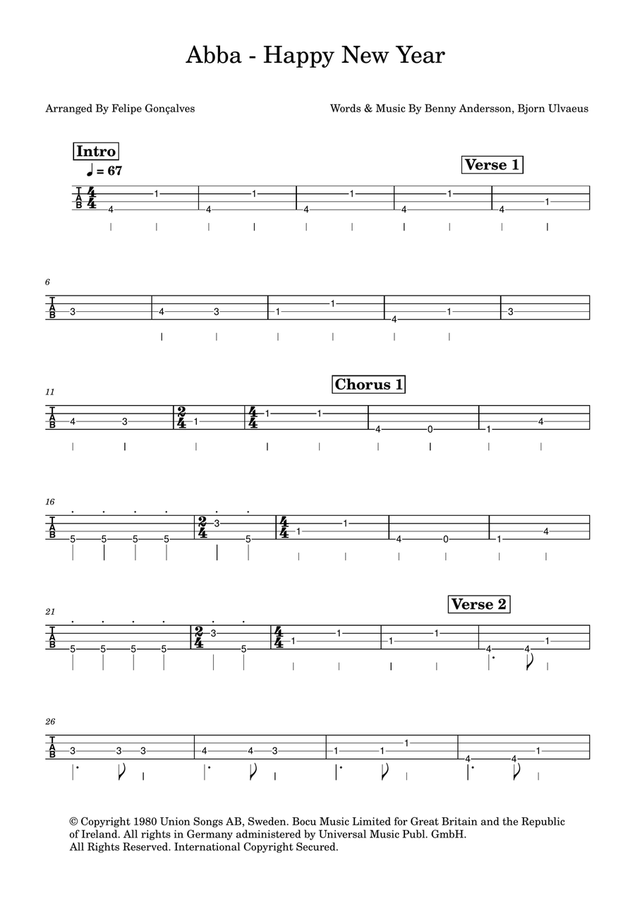Happy New Year Bass Guitar Tablature scores gallery preview page 1