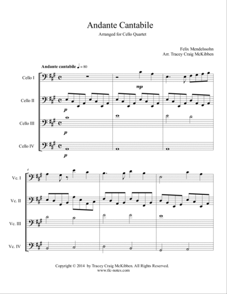 Andante Cantabile for Cello Quartet String Quartet scores gallery preview page 2