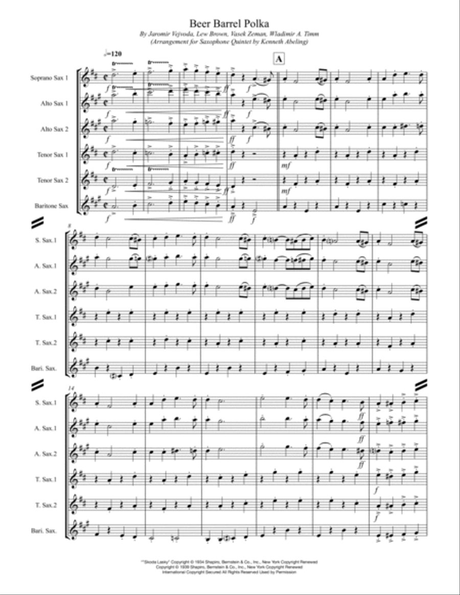 Beer Barrel Polka (roll Out The Barrel) Saxophone Quintet scores gallery preview page 2