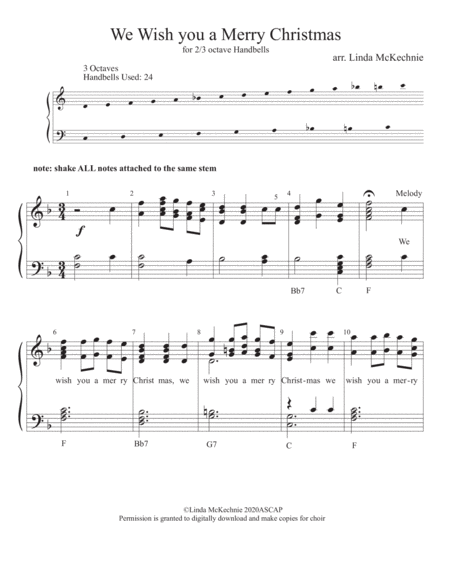 We Wish you a Merry Christmas- handbell arrangement for Level 2 (easy) for 2 or 3 octave handbells a