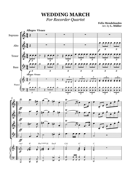 Wedding March - For Recorder Quartet and Piano - With chords image number null