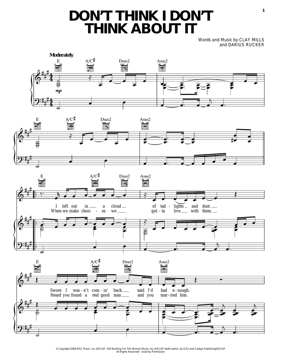 Don't Think I Don't Think About It Piano, Vocal, Guitar scores gallery preview page 1