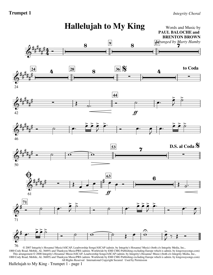 Hallelujah To My King - Trumpet 1 Choir scores gallery preview page 1
