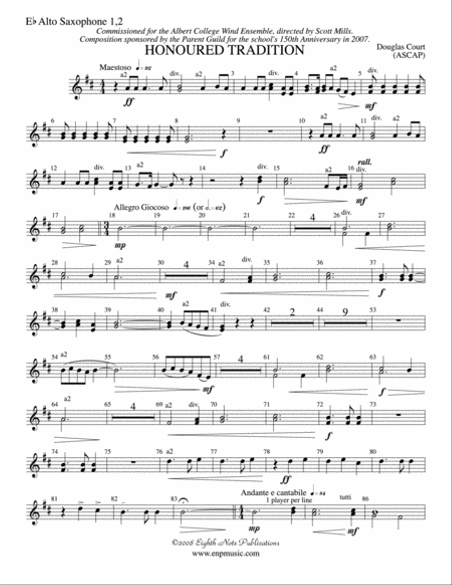 Honoured Tradition: 1st & 2nd E-flat Alto Saxophone Concert Band scores gallery preview page 1