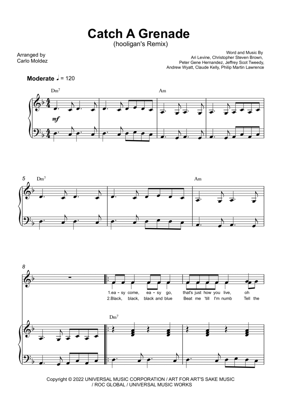 Catch A Grenade (hooligan's Mix) Piano, Vocal, Guitar scores gallery preview page 1