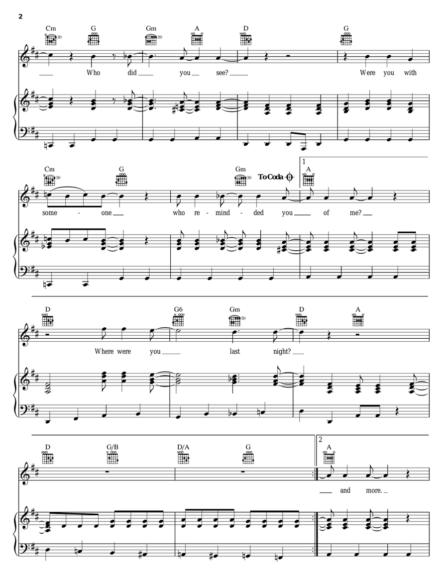 Where Were You Last Night? Piano, Vocal, Guitar scores gallery preview page 2