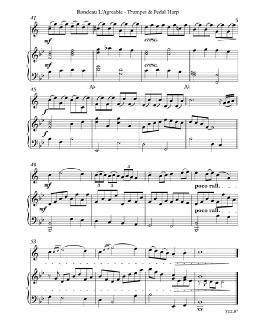 Rondeau L’Agreable, Duet for Bb Trumpet & Pedal Harp Trumpet Duet scores gallery preview page 5