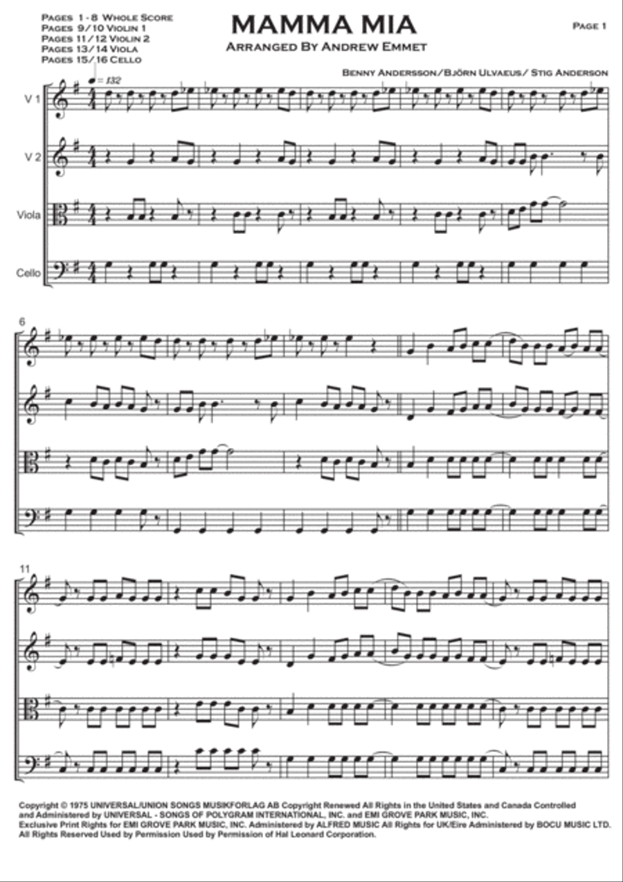 Mamma Mia String Quartet scores gallery preview page 1