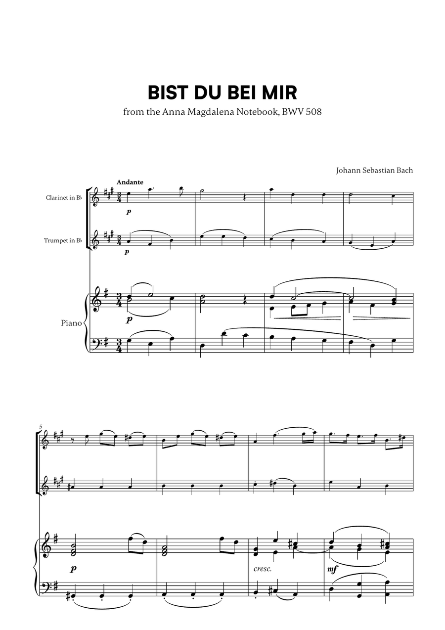 Johann Sebastian Bach - Bist du bei Mir (BWV 508) (G major) (for Clarinet and Trumpet)
