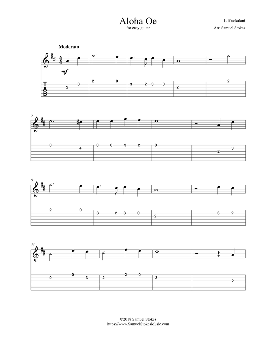 Aloha Oe - for easy guitar with TAB Acoustic Guitar scores gallery preview page 1
