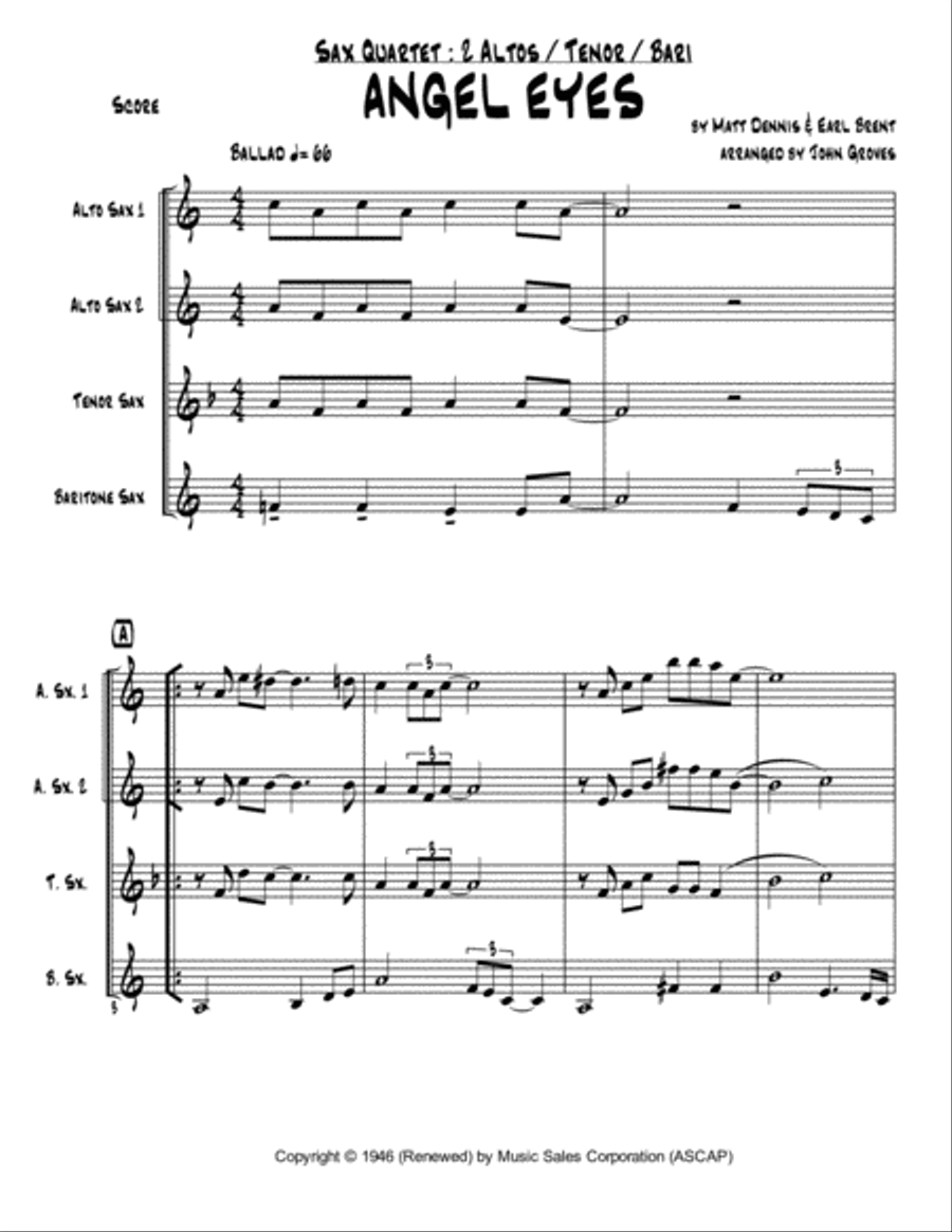 Angel Eyes Saxophone Quartet scores gallery preview page 2