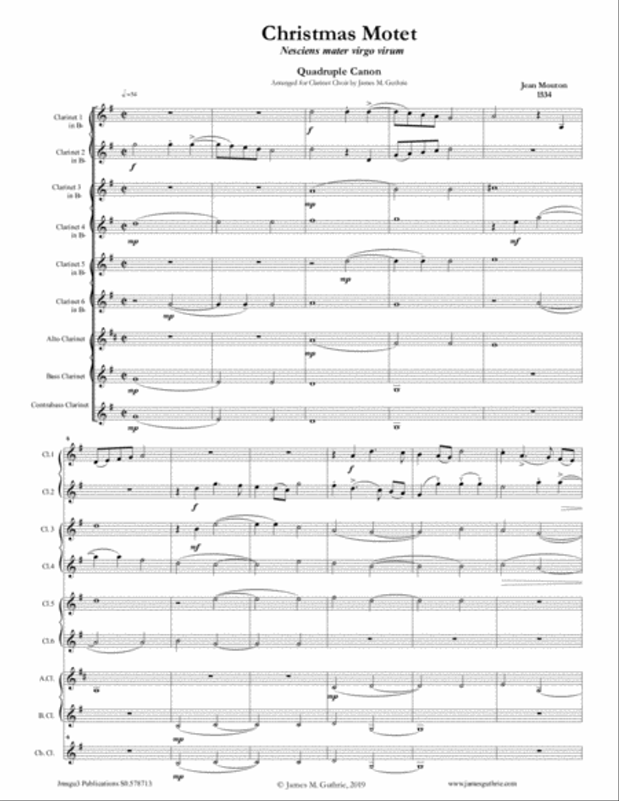 Mouton: Christmas Motet for Clarinet Choir Clarinet Choir scores gallery preview page 1