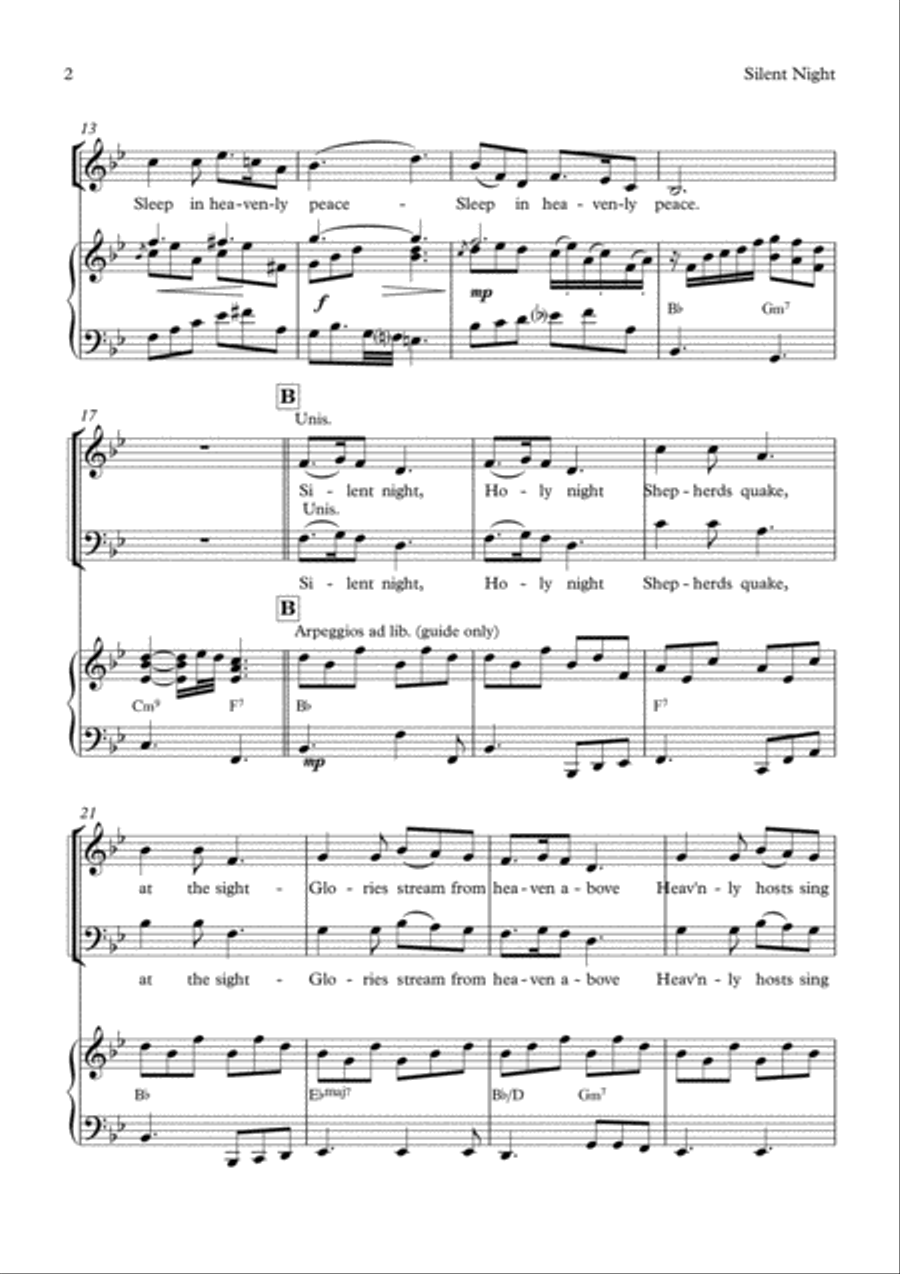 Silent Night SATB Choir and Piano Key of Bb 4-Part scores gallery preview page 4