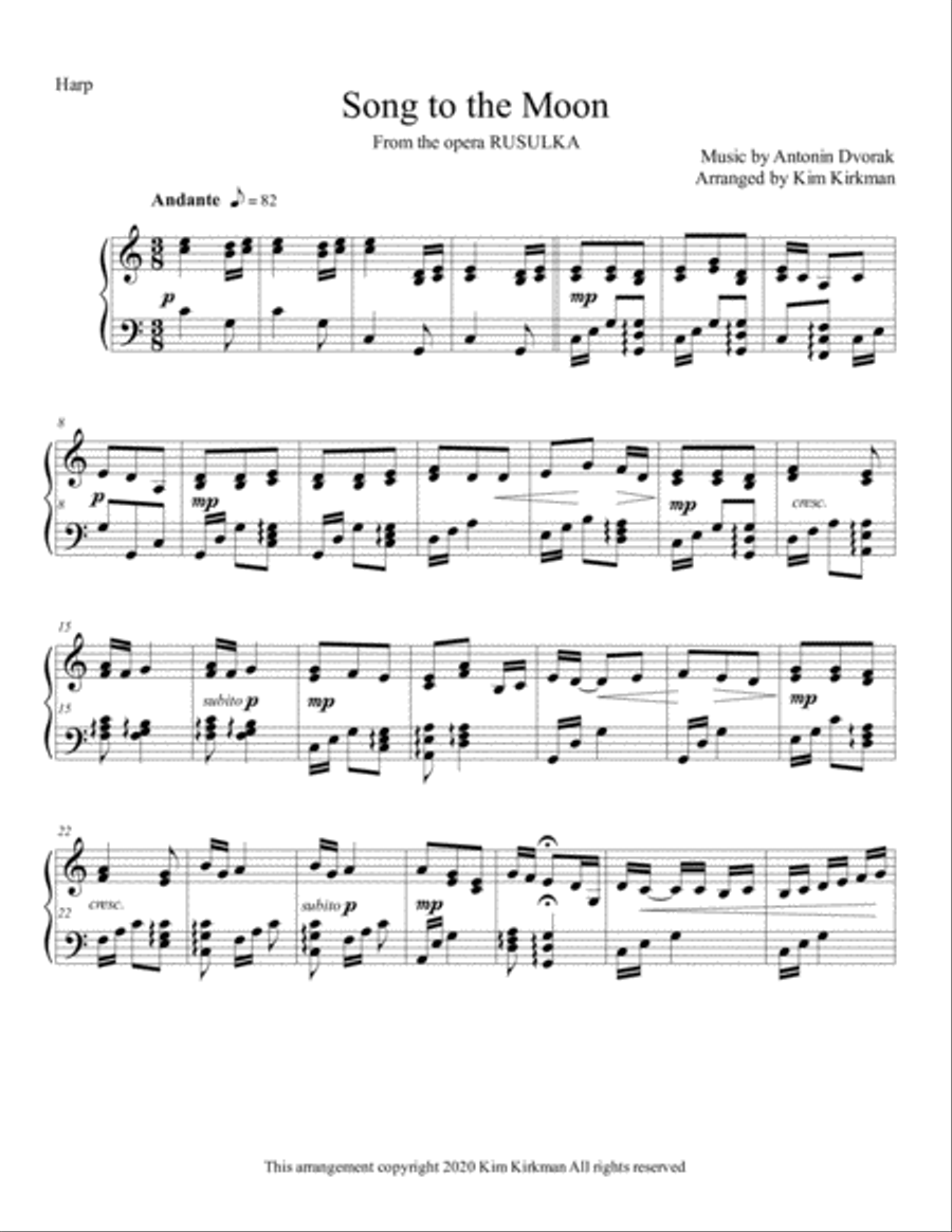 Song to the Moon from Rusulka for solo harp in C - no levers required Harp scores gallery preview page 1