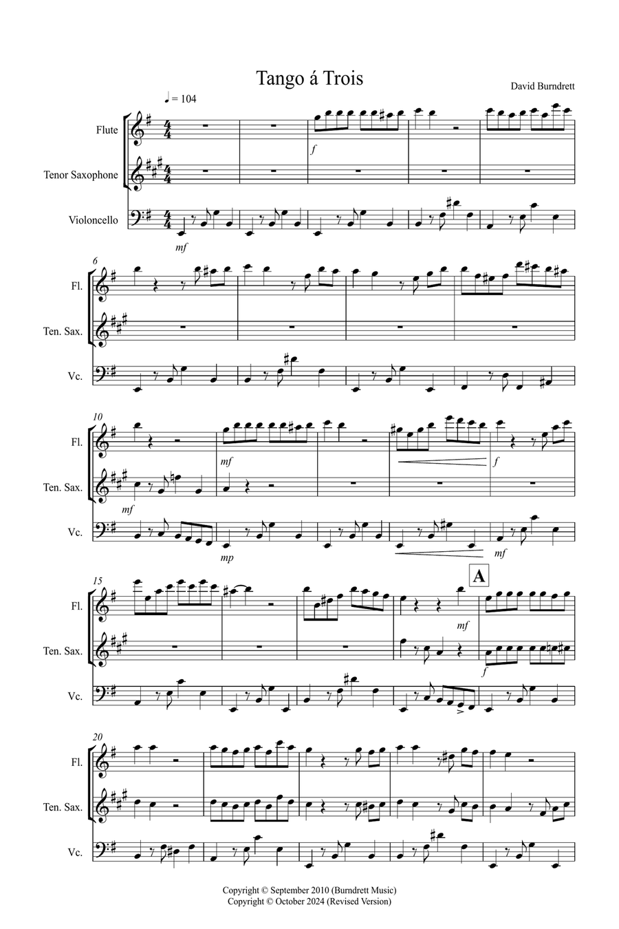 Tango a Trios for Flute, Tenor Saxophone and Cello Trio Small Ensemble scores gallery preview page 1