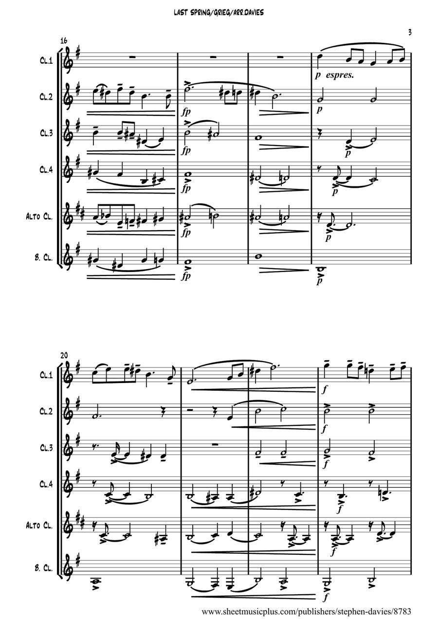 'Last Spring' by Edvard Grieg for Clarinet Sextet. Woodwind Ensemble scores gallery preview page 3
