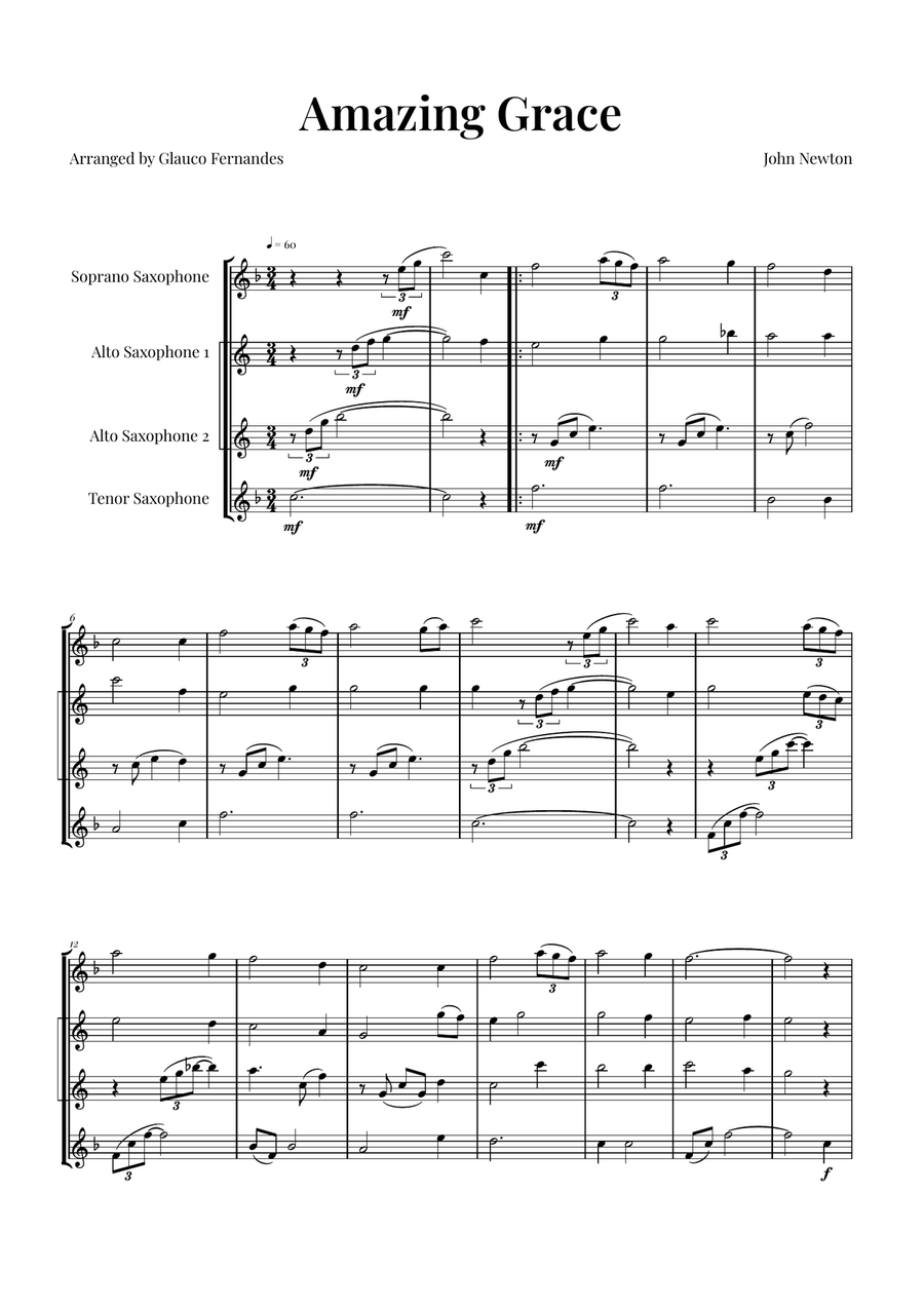 Amazing Grace Saxophone Quartet scores gallery preview page 1