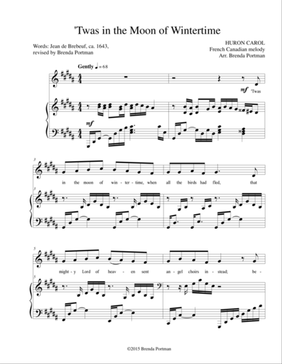 Twas in the Moon of Wintertime (HURON CAROL), Medium Voice, arr. Brenda Portman Medium Voice scores gallery preview page 1
