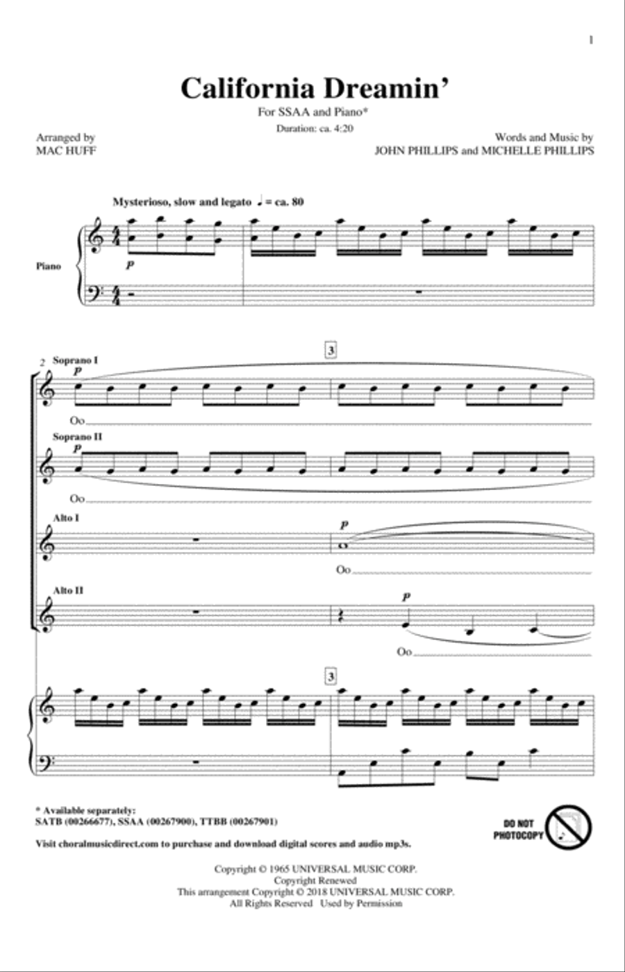 California Dreamin' (arr. Mac Huff) SSAA scores gallery preview page 1